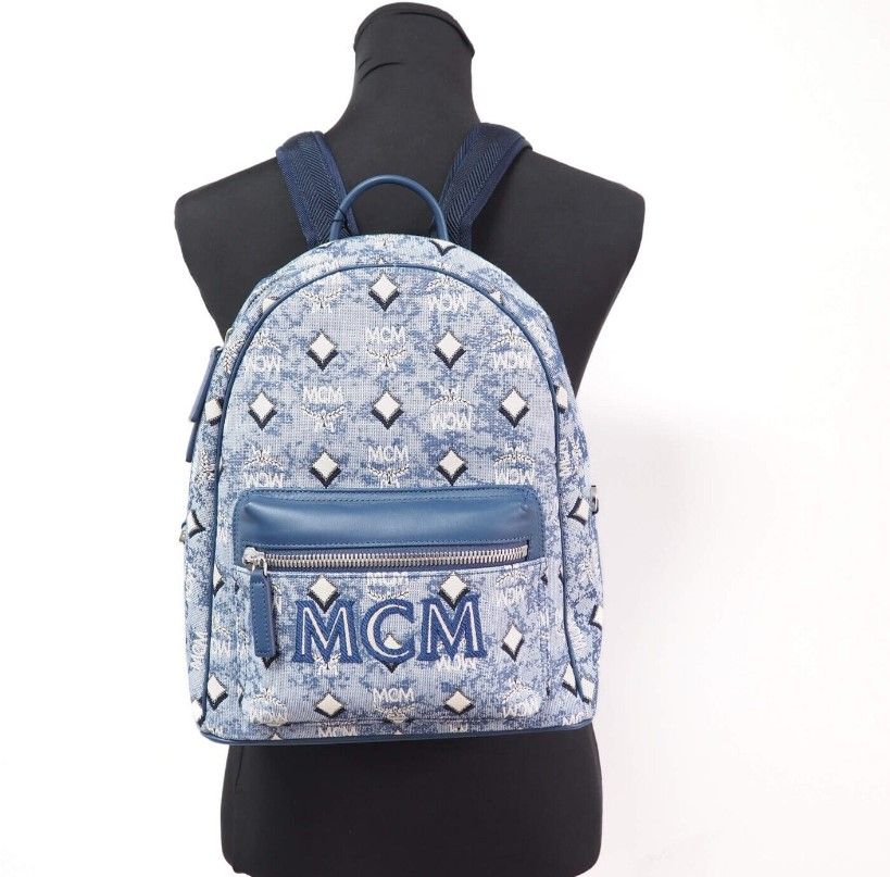 MCM Stark Small Blue Vintage Jacquard Monogram Logo  Backpack Bookbag