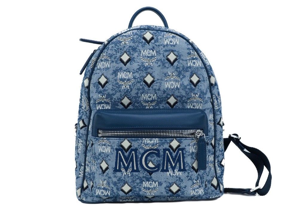 MCM Stark Small Blue Vintage Jacquard Monogram Logo  Backpack Bookbag