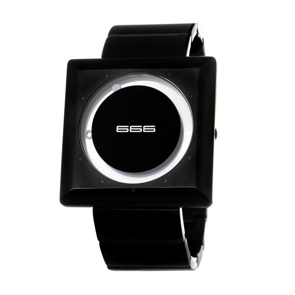 666BARCELONA black stainless steel quartz analog watch, square case, black bracelet, 45mm dial